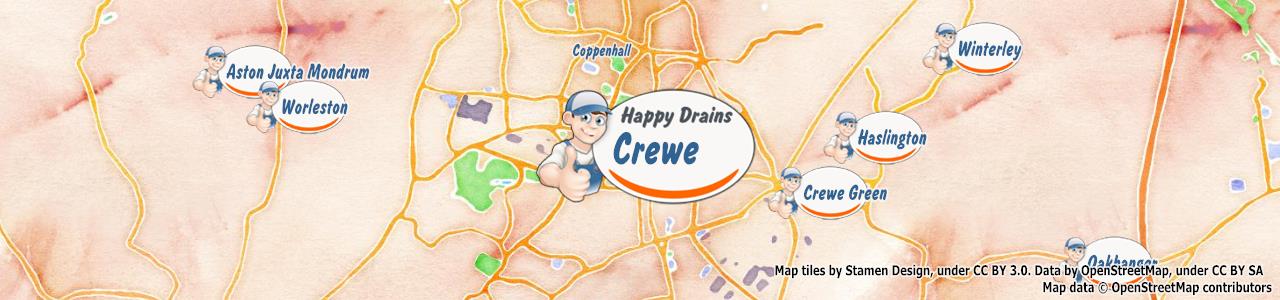 Service area map showing Happy Drains coverage across Crewe, Congleton, Middlewich, Nantwich, Sandbach (CW1, CW10, CW11, CW12, CW5)