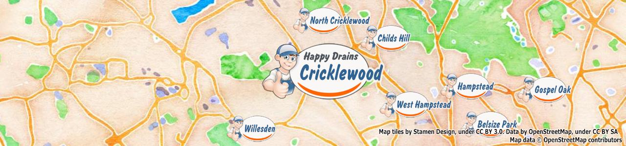 Service area map showing Happy Drains coverage across Cricklewood (NW2)