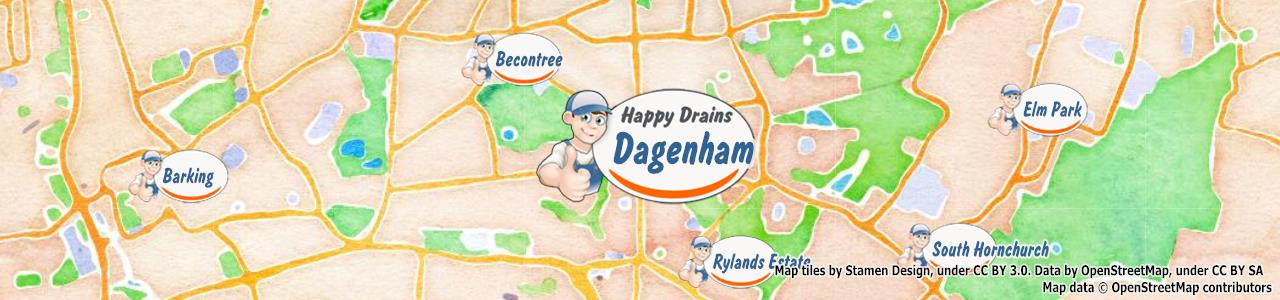 Service area map showing Happy Drains coverage across Dagenham (RM8)
