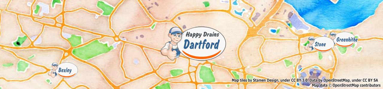 Service area map showing Happy Drains coverage across Dartford, Gravesend, Greenhithe, Longfield, Swanscombe (DA1, DA10, DA11, DA3, DA9)