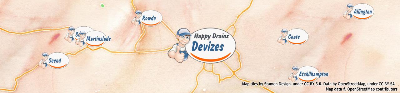 Service area map showing Happy Drains coverage across Devizes, Melksham (SN10, SN12)