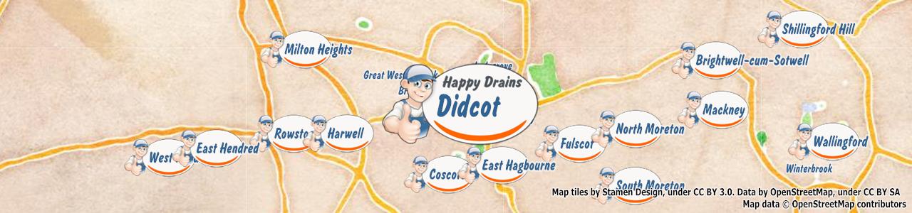Service area map showing Happy Drains coverage across Didcot, Abingdon, Wantage (OX11, OX12, OX13)