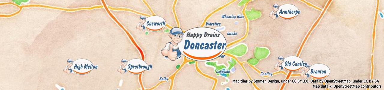 Service area map showing Happy Drains coverage across Doncaster Town Centre, Balby, Bessacarr, Cantley, Warmsworth (DN1, DN4)