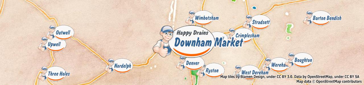 Service area map showing Happy Drains coverage across Downham Market, Swaffham (PE37, PE38)