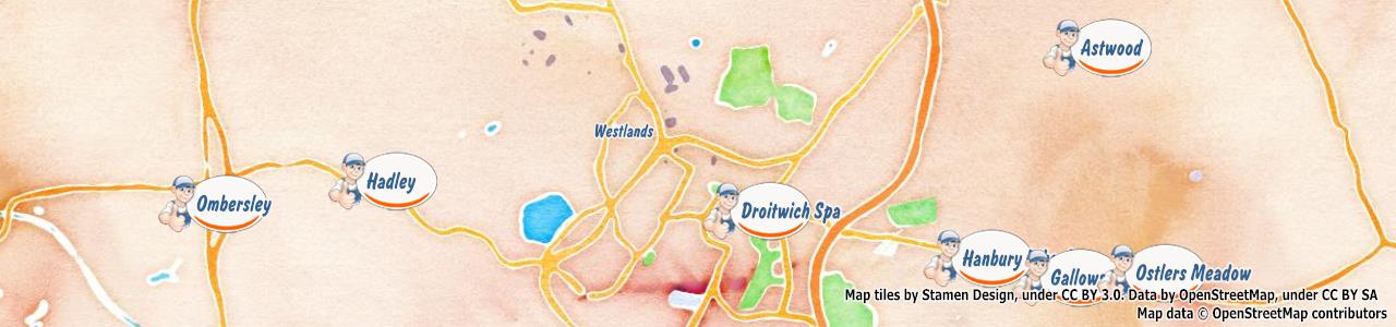 Service area map showing Happy Drains coverage across Droitwich, Malvern, Tenbury Wells, Worcester (WR1, WR13, WR15, WR9)