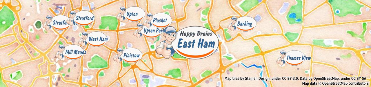 Service area map showing Happy Drains coverage across East Ham (E6)