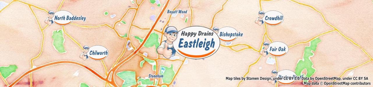 Service area map showing Happy Drains coverage across Eastleigh, Alresford, Romsey, Stockbridge, Winchester (SO20, SO21, SO24, SO50, SO51)