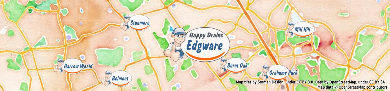 Service area map showing Happy Drains coverage across Edgware (HA8)