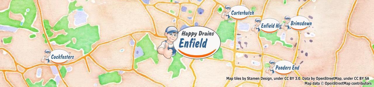 Service area map showing Happy Drains coverage across Enfield (EN1)