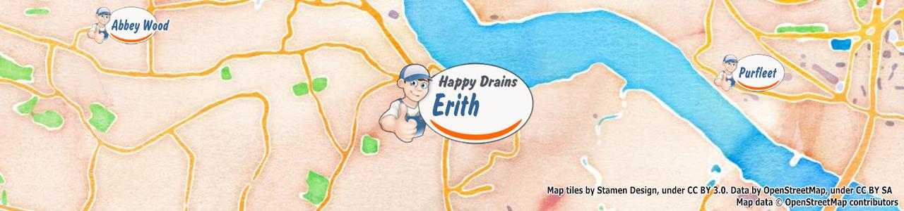 Service area map showing Happy Drains coverage across Erith, Belvedere (DA17, DA8)
