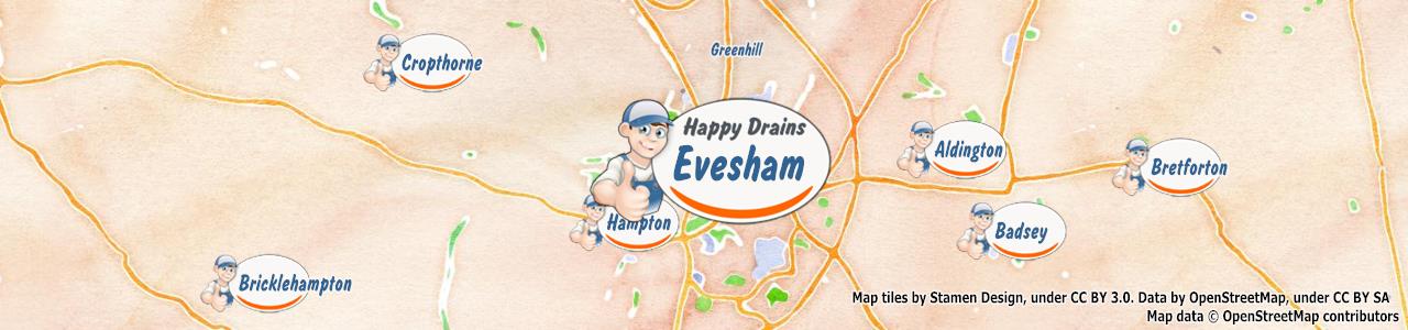Service area map showing Happy Drains coverage across Evesham, Broadway, Pershore (WR10, WR11, WR12)
