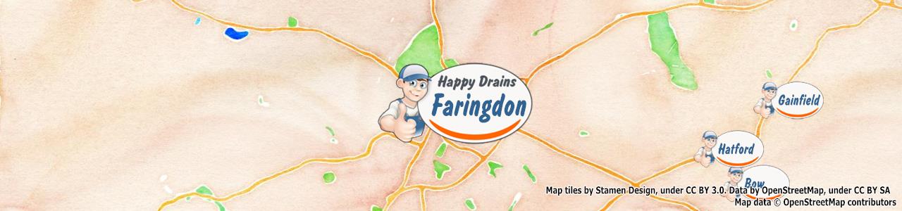Service area map showing Happy Drains coverage across Faringdon (SN7)