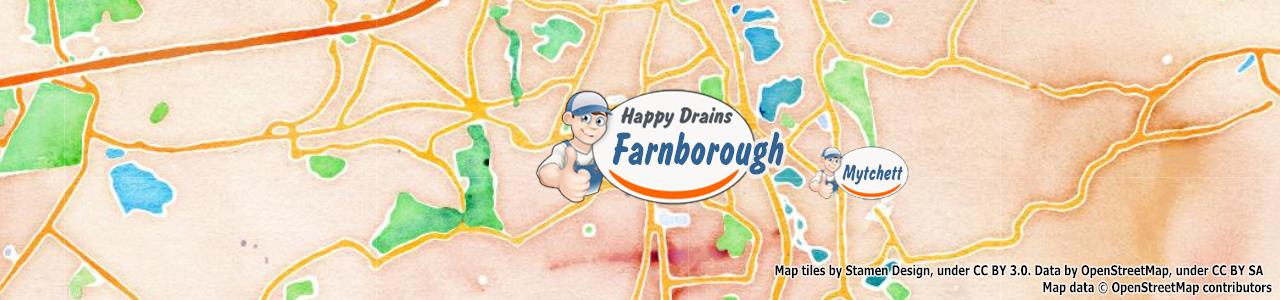 Service area map showing Happy Drains coverage across Farnborough, Aldershot (GU11, GU14)