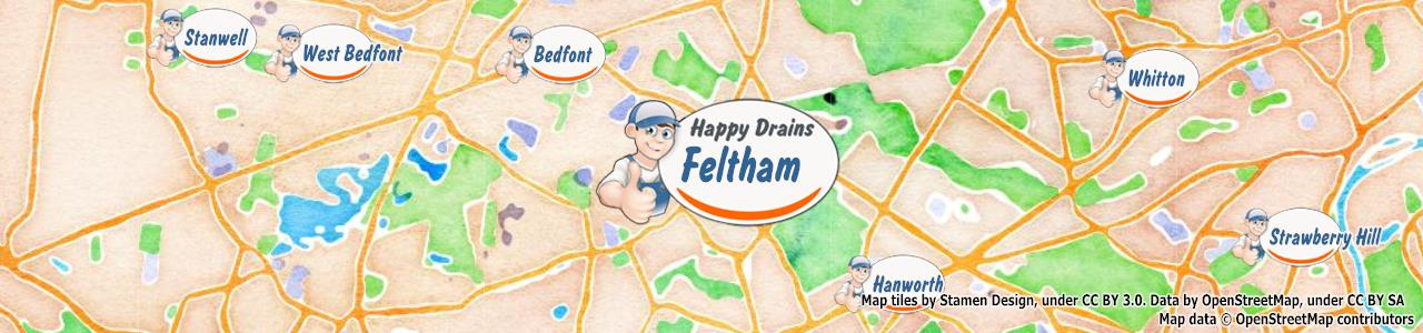 Service area map showing Happy Drains coverage across Feltham (TW13)