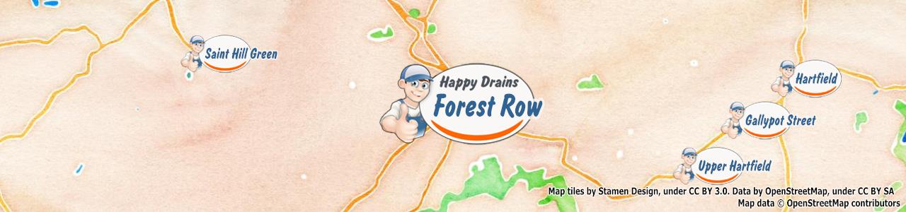 Service area map showing Happy Drains coverage across Forest Row (RH18)