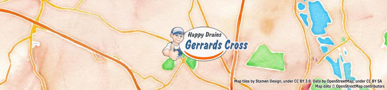 Service area map showing Happy Drains coverage across Gerrards Cross, Iver (SL0, SL9)