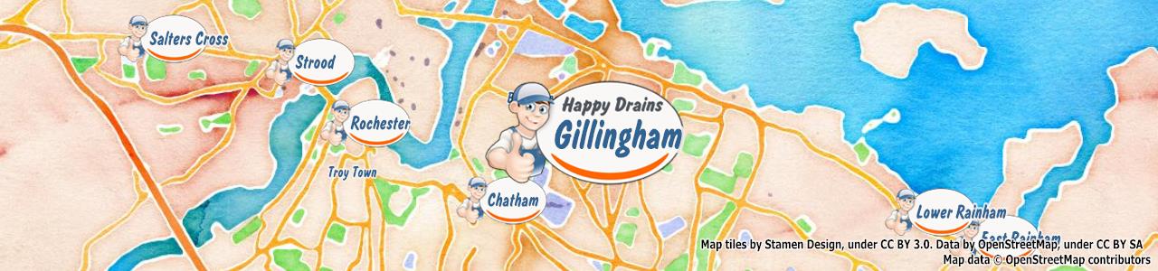 Service area map showing Happy Drains coverage across Gillingham, Chatham, Faversham, Queenborough, Sheerness and more (ME11, ME12, ME13, ME4, ME7, ME9)