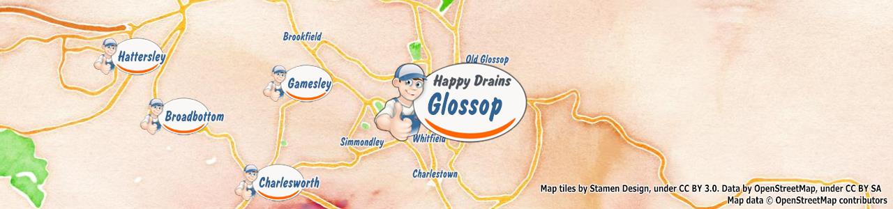 Service area map showing Happy Drains coverage across Glossop, High Peak (SK13, SK22)