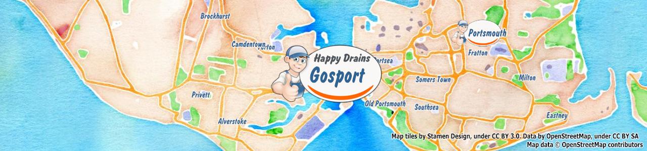 Service area map showing Happy Drains coverage across Gosport, Lee On The Solent (PO12, PO13)