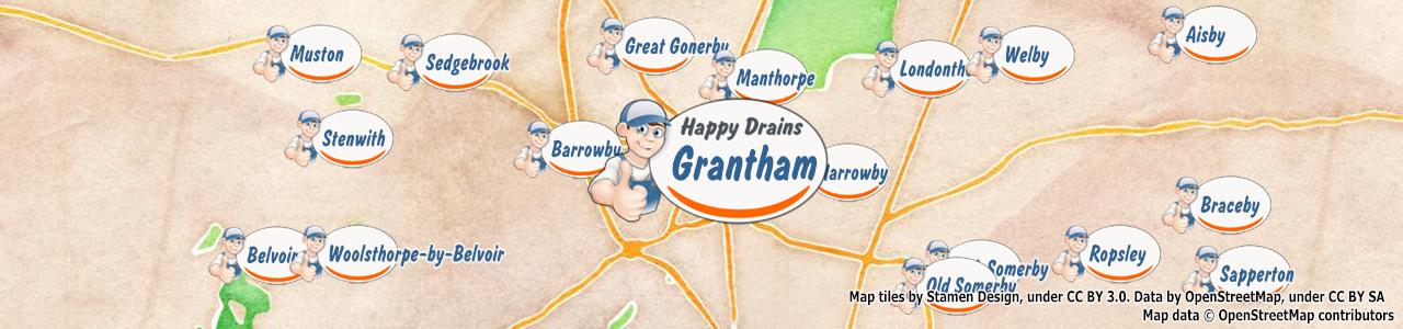 Service area map showing Happy Drains coverage across Grantham (NG31)