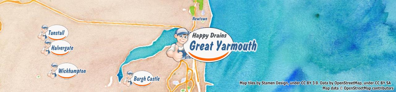 Service area map showing Happy Drains coverage across Great Yarmouth, North Walsham (NR28, NR29)