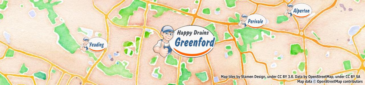 Service area map showing Happy Drains coverage across Greenford (UB6)