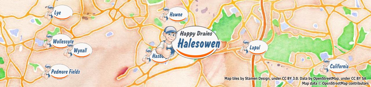 Service area map showing Happy Drains coverage across Halesowen, Cradley Heath, Oldbury, Rowley Regis (B62, B64, B65, B68)