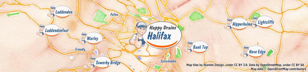 Service area map showing Happy Drains coverage across Halifax, Elland, Hebden Bridge, Sowerby Bridge (HX1, HX5, HX6, HX7)
