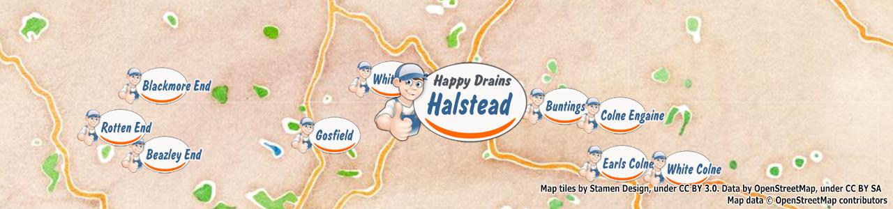 Service area map showing Happy Drains coverage across Halstead (CO9)