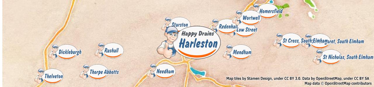 Service area map showing Happy Drains coverage across Harleston, Diss (IP20, IP21)