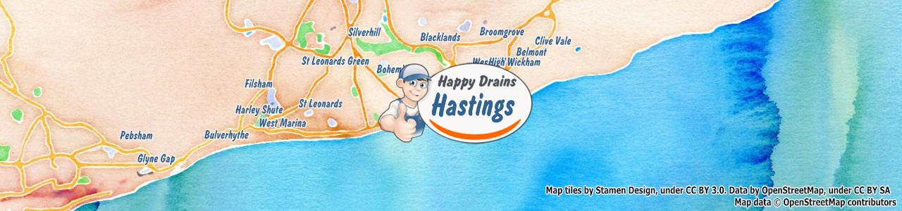 Service area map showing Happy Drains coverage across Hastings (TN34)
