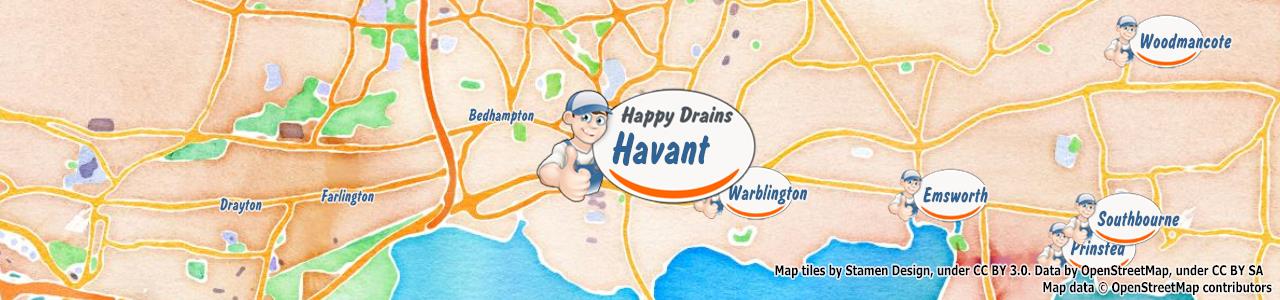 Service area map showing Happy Drains coverage across Havant, Waterlooville (PO7, PO9)