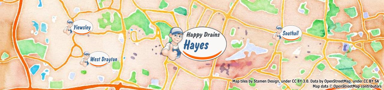 Service area map showing Happy Drains coverage across Hayes (UB3)