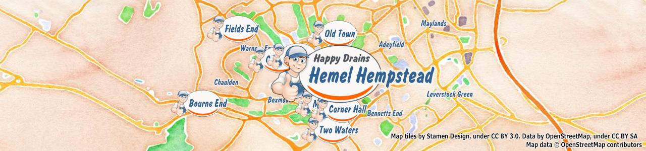 Service area map showing Happy Drains coverage across Hemel Hempstead (HP1)