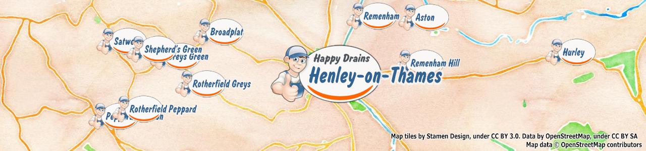 Service area map showing Happy Drains coverage across Henley On Thames (RG9)