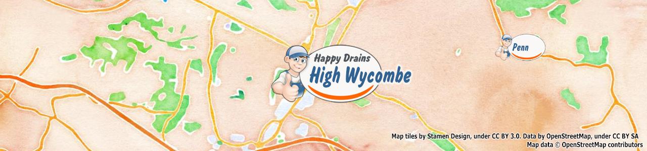 Service area map showing Happy Drains coverage across High Wycombe (HP10)