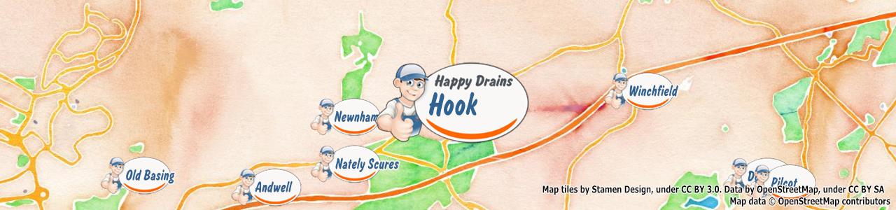 Service area map showing Happy Drains coverage across Hook (RG27)