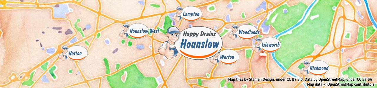 Service area map showing Happy Drains coverage across Hounslow (TW3)