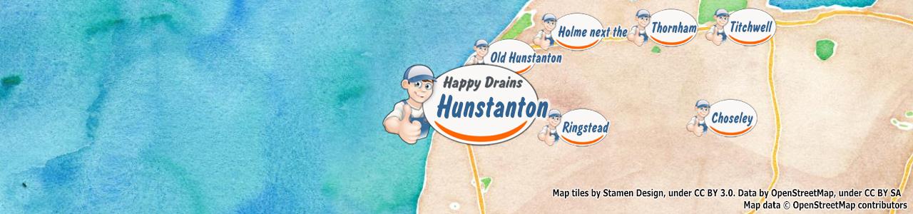 Service area map showing Happy Drains coverage across Hunstanton (PE36)
