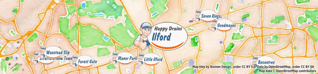 Service area map showing Happy Drains coverage across Ilford (IG1)