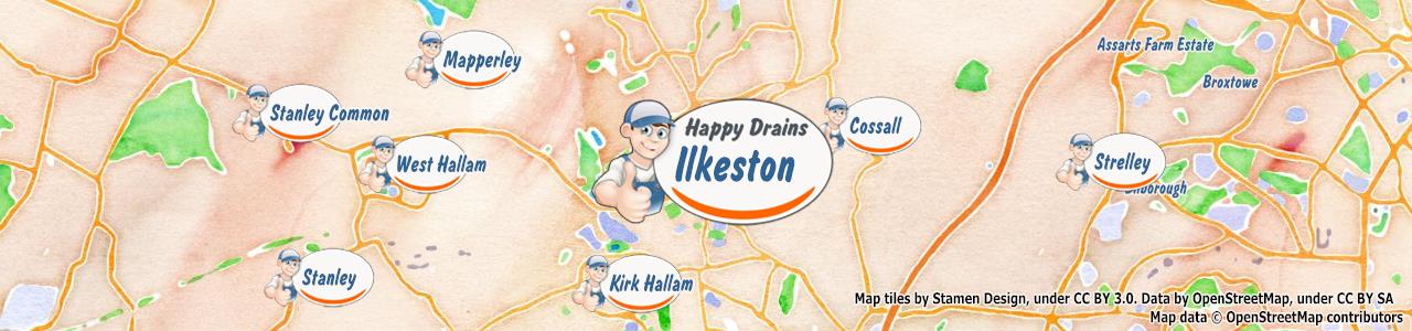 Service area map showing Happy Drains coverage across Ilkeston, Derby, Heanor, Swadlincote (DE1, DE11, DE7, DE75)