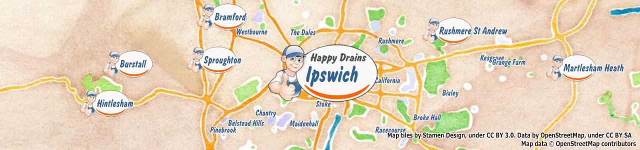 Service area map showing Happy Drains coverage across Ipswich, Saxmundham (IP1, IP17)