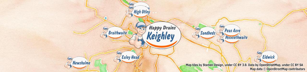 Service area map showing Happy Drains coverage across Keighley (BD20)
