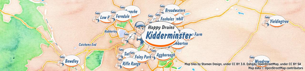 Service area map showing Happy Drains coverage across Kidderminster, Bewdley, Stourport On Severn (DY10, DY12, DY13)