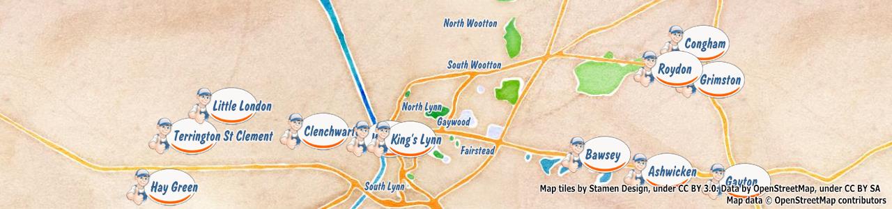 Service area map showing Happy Drains coverage across Kings Lynn, Sandringham (PE30, PE35)