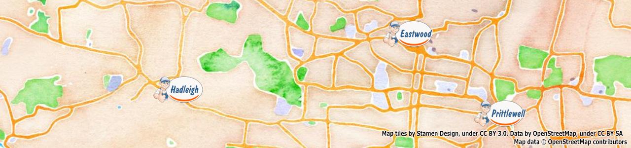 Service area map showing Happy Drains coverage across Leigh On Sea, Hockley (SS5, SS9)