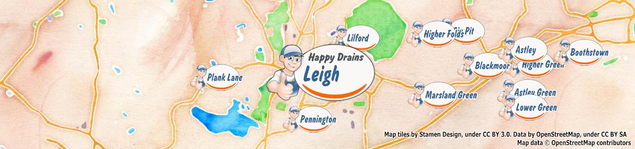 Service area map showing Happy Drains coverage across Leigh, Wigan (WN1, WN7)