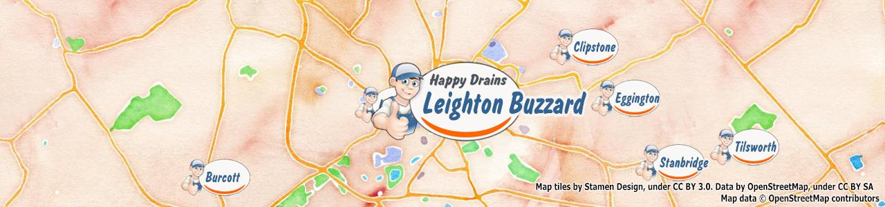 Service area map showing Happy Drains coverage across Leighton Buzzard (LU7)