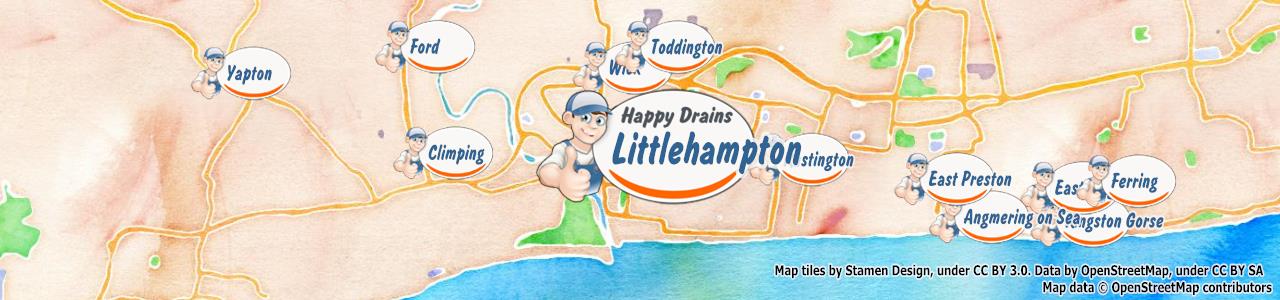 Service area map showing Happy Drains coverage across Littlehampton, Arundel (BN16, BN18)