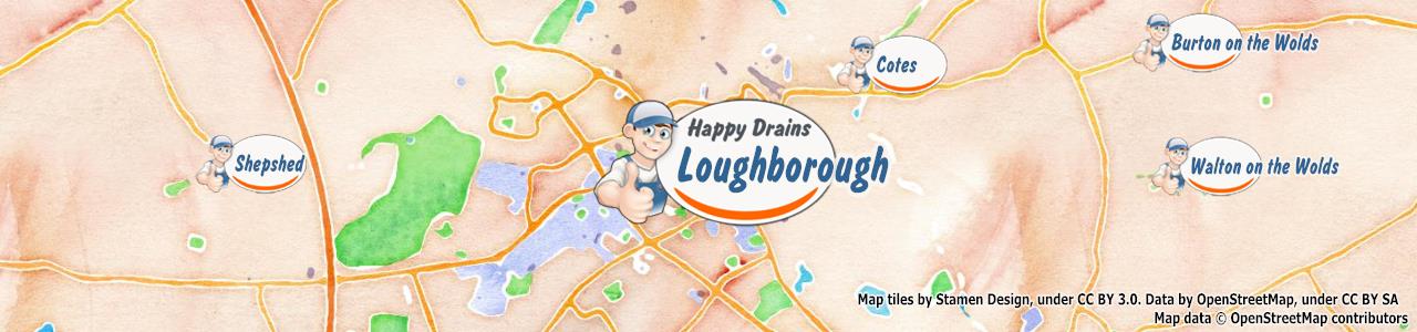 Service area map showing Happy Drains coverage across Loughborough (LE11)